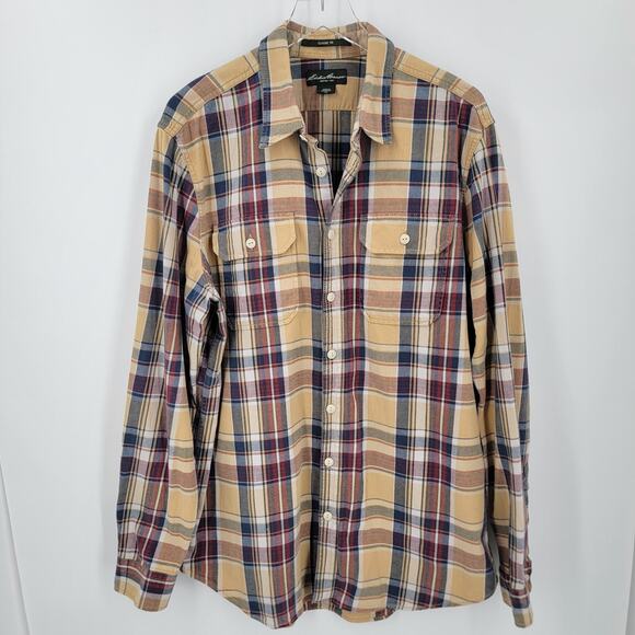 Eddie Bauer Shirt Mens TXL Plaid Yellow Blue Red Button Up Cotton Classic Fit - Picture 1 of 8